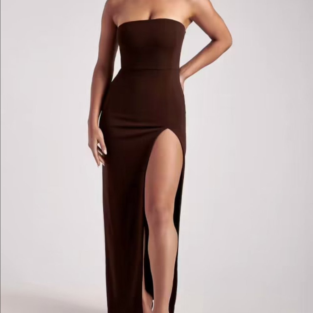 Meshki 'Rachel' Maxi Split Front Dress in Chocolate Small